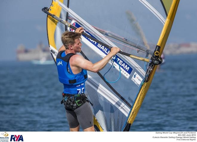 RS:X men’s windsurfer Joe Bennett in action in the sole race of the opening day - 2016 Sailing World Cup Weymouth and Portland ©  Jesus Renedo / Sailing Energy http://www.sailingenergy.com/