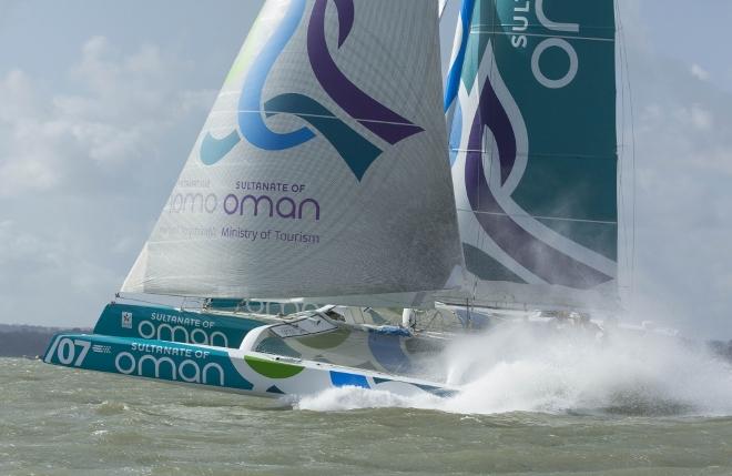 The Seven Star Round Britain and Ireland, race start.Cowes. Isle of Wight. Oman Sail MOD70 trimaran skippered by Sidney Gavignet (FRA)  © Lloyd Images