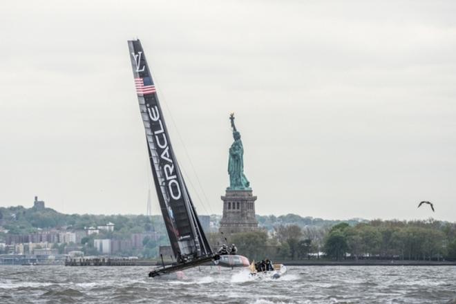 Lady Liberty presiding over action in the water - 2016 America's Cup World Series © Sam Greenfield/Ricardo Pinto/Red Bull Content Pool