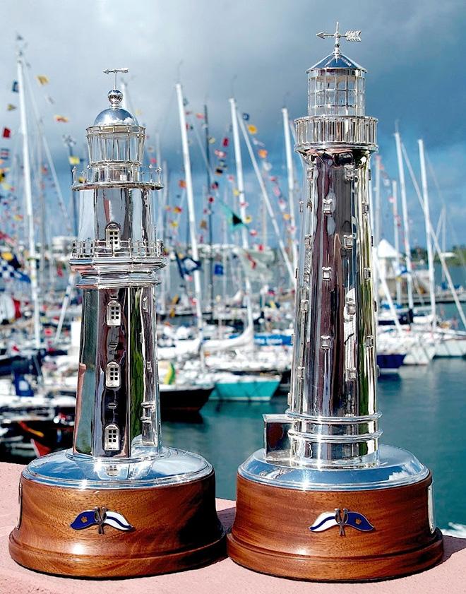 The St. David’s Lighthouse Trophy (L) and the Gibbs Hill Trophy are keeper prizes for their two namesake divisions in the Newport Bermuda Race. The St. David’s Division is the largest in the race with 112 entries to date. These are silver replicas of Bermuda’s two hilltop lighthouses and are two of the most coveted trophies in the world of sailing. © Barry Pickthall / PPL