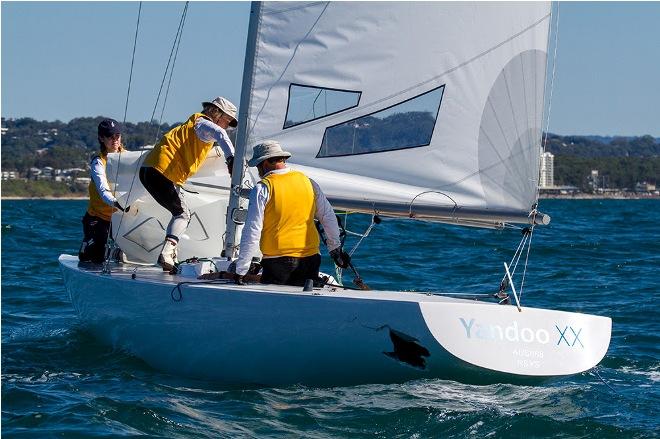 Yandoo XX heads back to shore after being holed in race one - 2016 Evans Long Etchells Australasian Championship © Teri Dodds http://www.teridodds.com