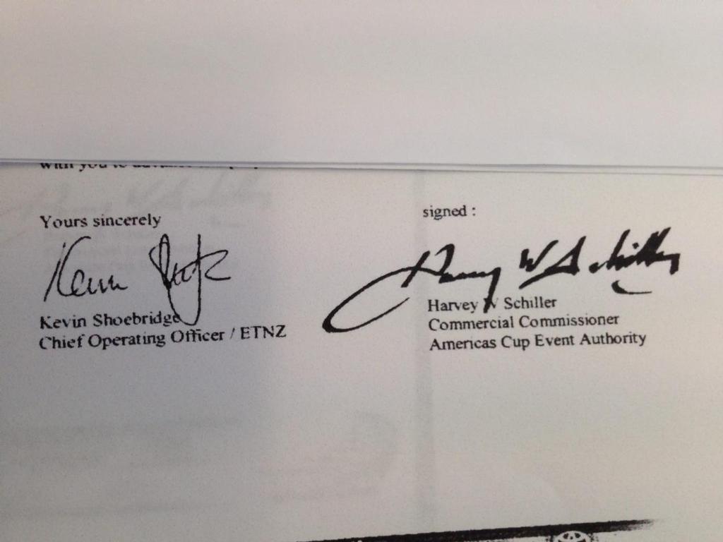 Signatures on the claimed America’s Cup Qualifier Hosting Agreement for Auckland © Emirates Team New Zealand http://www.etnzblog.com