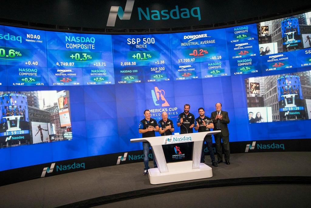 Emirates Team NZ close the Nasdaq, New York, Monday May 9, 2016 - Louis Vuitton America's Cup World Series New York photo copyright Emirates Team New Zealand http://www.etnzblog.com taken at  and featuring the  class