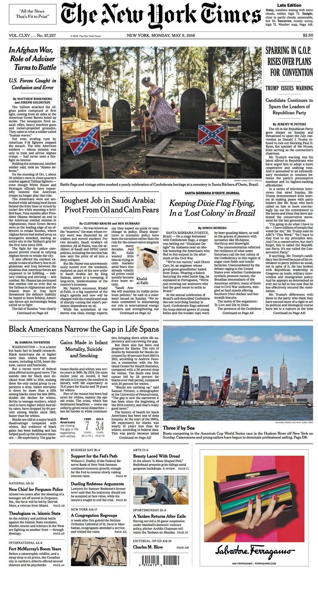 Front Page - New York Times, Monday May 9, 2016 - Louis Vuitton America's Cup World Series New York © Emirates Team New Zealand http://www.etnzblog.com