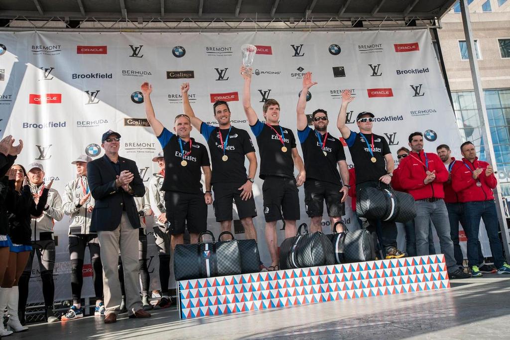 Emirates Team New Zealand sailors celebrate and thank the crowd at the official prize giving after winning at the Louis Vuitton America's Cup World Series New York photo copyright Emirates Team New Zealand http://www.etnzblog.com taken at  and featuring the  class