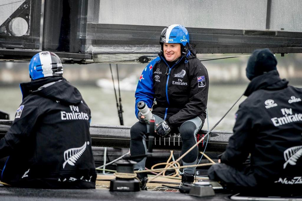 Emirates Team New Zealand skipper keeps warm on the Hudson River for a day of practice racing before the Louis Vuitton America's Cup World Series New York. — in New York, New York. photo copyright Emirates Team New Zealand http://www.etnzblog.com taken at  and featuring the  class