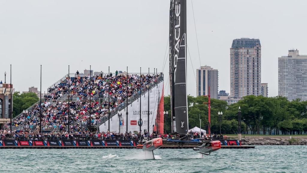 Oracle Team USA against the city side of the course - Louis Vuitton America's Cup World Series Chicago - Racing Day 2 photo copyright ACEA / Ricardo Pinto http://photo.americascup.com/ taken at  and featuring the  class