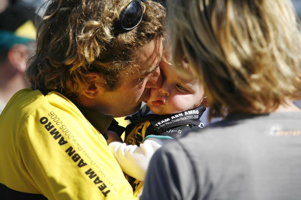 Hans Horrevoets (NED) says goodbye to his wife and daughter at the Waterfront City dock before the Volvo Open 70s head out of Port Phillip Bay in the Volvo Ocean Race restart Melbourne to Wellington.

© Oskar Kihlborg/ Volvo Ocean Race 2005-2006

 photo copyright Volvo Ocean Race http://www.volvooceanrace.com taken at  and featuring the  class