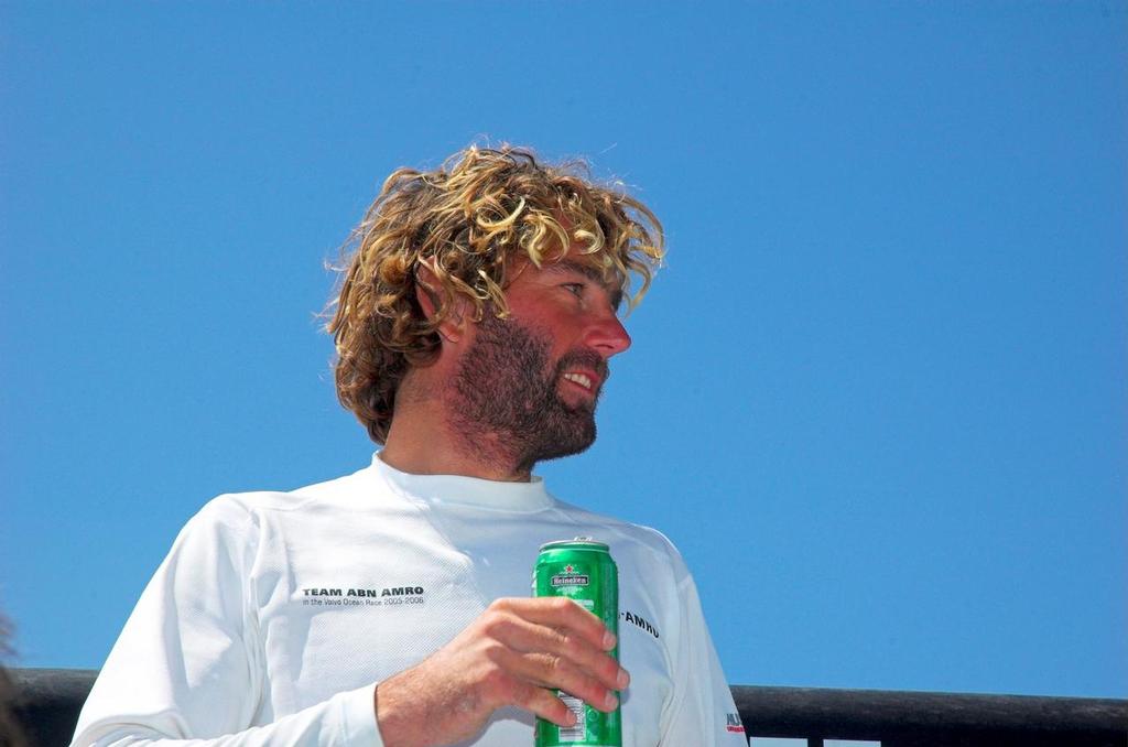 Hans Horrevoets from ABN AMRO TWO enjoys a cold beer after their disappointing 6th place finish into Baltimore at the end of Leg 5 from Rio. photo copyright Volvo Ocean Race http://www.volvooceanrace.com taken at  and featuring the  class