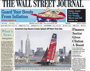 Front Page - Wall Street Journal, Monday May 9, 2016 - Louis Vuitton America's Cup World Series New York photo copyright Emirates Team New Zealand http://www.etnzblog.com taken at  and featuring the  class