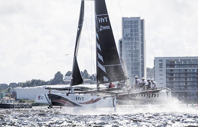 Alinghi power across the Cardiff Bay racecourse during the second day's racing © Lloyd Images