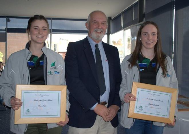 Female sailors of the year Jasmin Galbraith and Chloe Fisher with Yachting Tasmania -president Ron Bugg ©  Peter Campbell
