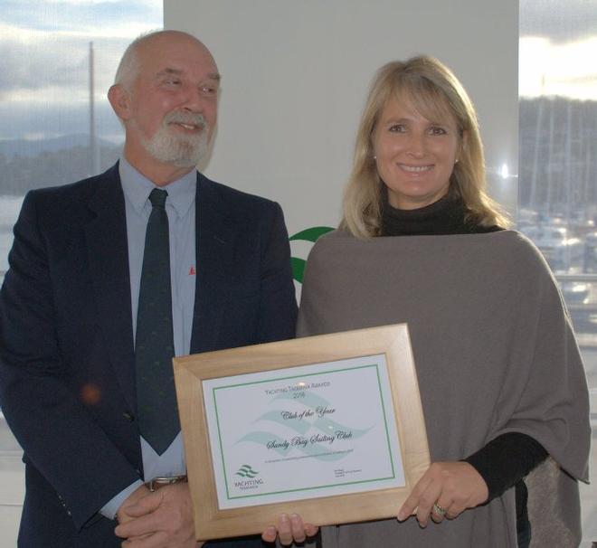 Felicity Allison, vice commodore of Sandy Bay Sailing Club received the citation for Tasmanian Yacht CLub of the Year from Ron Bugg ©  Peter Campbell