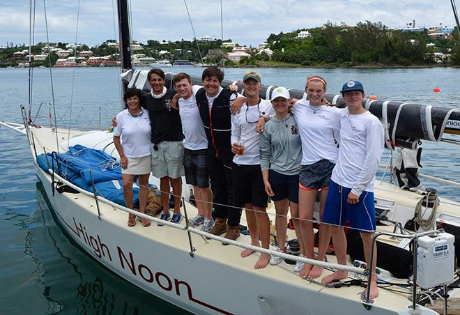 Standing from left to right next to Leatrice Oatley, Commodore of the Royal Bermuda YC who presented each of the HIGH NOON youngsters with a Stephens Brothers Society pin, are: Collin Axlander, Richard O'Leary, Hector McKemey, William McKeige, Madelyn Ploch, Carina Becker, and Brooks Daley.  © Barry Pickthall / PPL