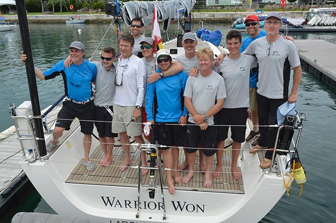 The crew of the second finisher, the Xp44 WARRIOR WON, 2nd on elapsed time. From left to right: Roland Schulz, Ryan Zupon, HL Devore (Navigator), Andres de Lasa, Peter Carpenter, Chris Simon, Chris Sheehan (Skipper) Paul 'Whirly' van Dyke (Watch Capt) Jost Olan, Carter Hollida, and Doug Lynn (Watch Capt.)  © Barry Pickthall / PPL