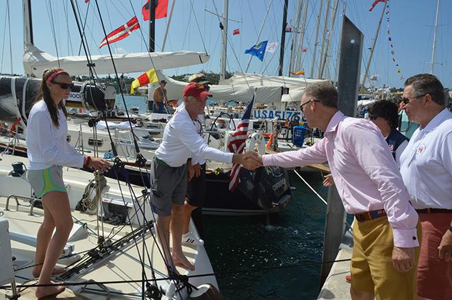 His Excellency, the Governor of Bermuda, George Fergusson meeting Peter Becker, skipper of HIGH NOON, and his daughter Carina during the Governor's tour of the RBYC dock today. © Barry Pickthall / PPL