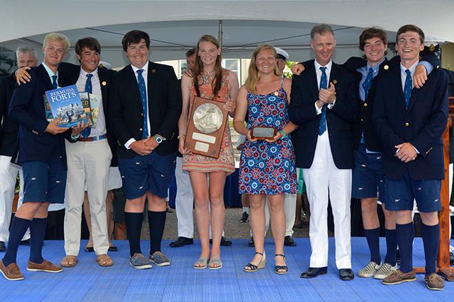 The 7 young sailors from HIGH NOON, winners of elapsed time honours for traditional boats, with His Excellency, The Governor of Bermuda, Geroge Fergusson  © Barry Pickthall / PPL