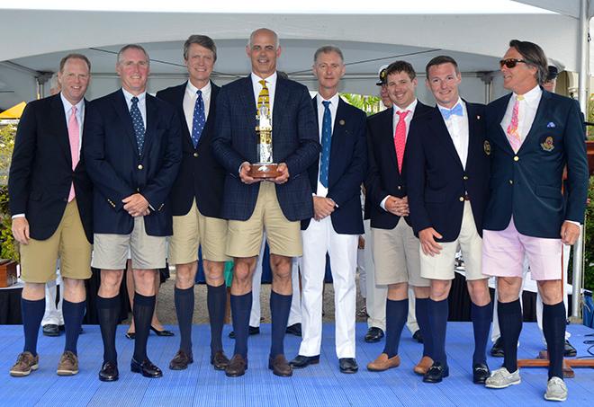 Christopher Sheehan and his WARRIOR WON crew, presented with the St David's Lighthouse trophy by His Excellency, The Governor of Bermuda, Geroge Fergusson at the Newport Bermuda Race prizegiving at Government House last night. © Barry Pickthall / PPL