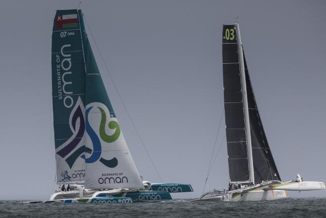 Sultanate of Oman MOD70 trimaran skippered by Sidney Gavignet (FRA) with team mates Damian Foxall (IRL) and Fahad Al Hasni (OMA), Jean Luc Nelias (FRA - 2016 Volvo Round Ireland Race © Lloyd Images
