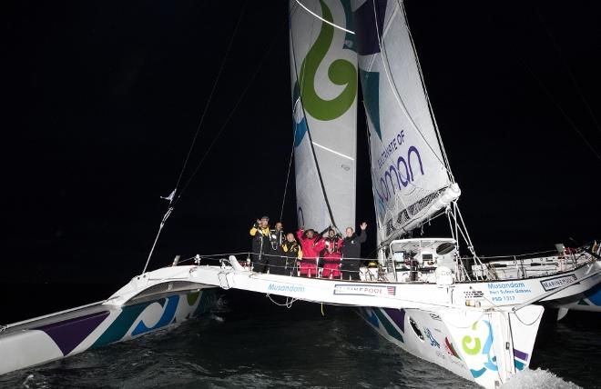 Musandam-Oman Sail set a new record for the fastest-ever sail round Ireland when the team crossed the finish line at Wicklow in 38 hours, 37 minutes and 7 seconds. Skippered by Sidney Gavignet (FRA) with team mates Damian Foxall (IRL) and Fahad Al Hasni (OMA), Jean Luc Nelias (FRA), Yasir Al Rahbi (OMA) and Sami Al Sukaili (OMA) - 2016 Volvo Round Ireland Race © Lloyd Images