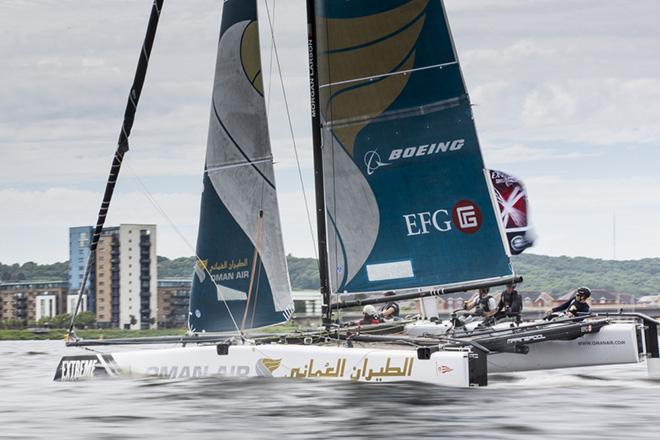 The Extreme Sailing Series 2016. Act3. Cardiff Bay. Oman Air skippered by Morgan Larson (USA) with trimmer Pete Greenhalgh (GBR). Bowman James Wierzbowsk (AUS) Trimmer Ed Smyth (NZL) and Nasser Al Mashari (OMA) © Lloyd Images