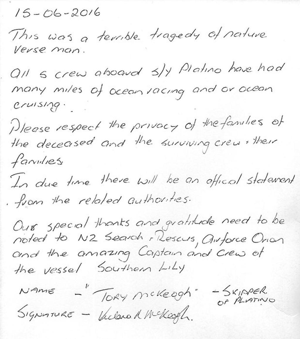 Written statement issued by the skipper of the SV Platino photo copyright SW taken at  and featuring the  class