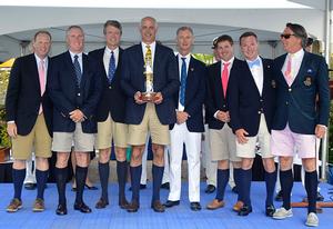 Christopher Sheehan and his WARRIOR WON crew, presented with the St David's Lighthouse trophy by His Excellency, The Governor of Bermuda, Geroge Fergusson at the Newport Bermuda Race prizegiving at Government House last night. photo copyright Barry Pickthall / PPL taken at  and featuring the  class