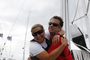 Friends and competitors, Nick Cherry and Mary Rook say goodbye in Cowes. - Solitaire Bompard Le Figaro photo copyright Artemis Offshore Academy taken at  and featuring the  class