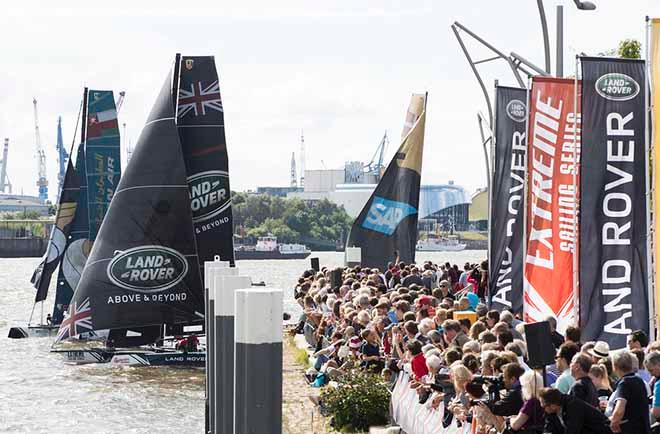 Thousands of public flocked to the race village at HafenCity to watch the GC32s in action - 2016 Extreme Sailing Series™ © Lloyd Images