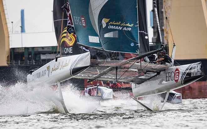 Oman Air literally take off on their foils. - 2016 Extreme Sailing Series™ © Lloyd Images