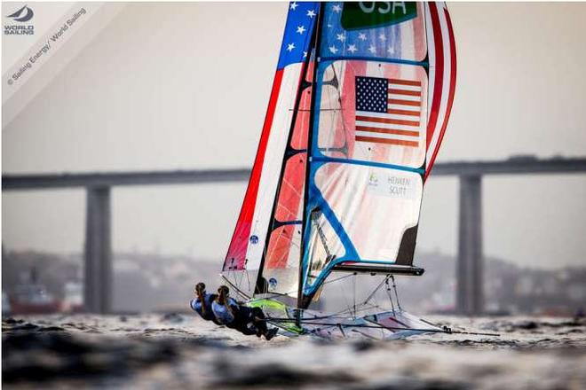 Paris Henken and Helena Scutt (USA) in the 49erFX Women's Skiff on Day 5 at the Rio 2016 Olympic Sailing Competition © Sailing Energy / World Sailing