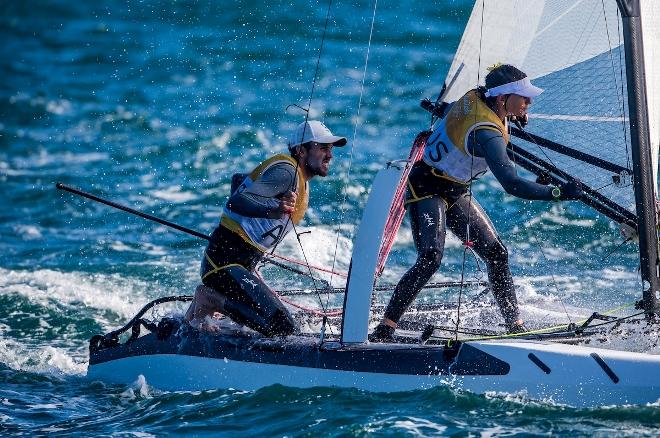 Jason Waterhouse and Lisa Darmanin (AUS) in the Nacra 17 on Day 6 at the Rio 2016 Olympic Sailing Competition © Sailing Energy / World Sailing