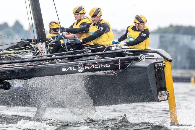 Act three, Cardiff 2016 - Day Three - SAP Extreme Sailing Team – The Danish team sit fourth on the overall leaderboard going in to Hamburg. Last year the team experienced a dramatic capsize and a crash on the waters of the River Elbe in Hamburg. © Sportography.tv