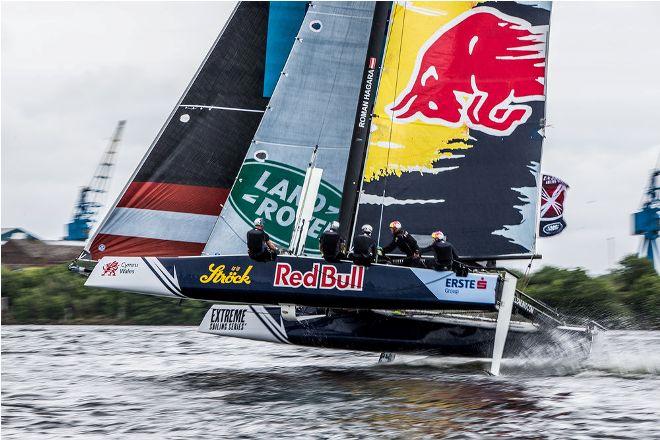 Act three, Cardiff 2016 - Day Three - Red Bull Sailing Team – So far in 2016 Oman Air and Red Bull Sailing Team have both secured podium spots at every Act, and heading into Hamburg, Oman Air maintain their lead, but Red Bull Sailing Team, skippered by double Olympic gold medallist Roman Hagara, are snapping at their heels. © Sportography.tv