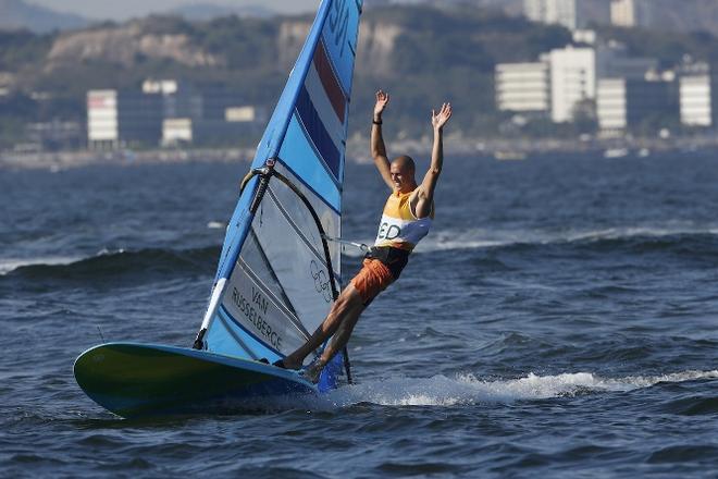Dorian van Rijsselberge celebrates gold - RS:X Men - Rio 2016 Olympic Games ©  Jesus Renedo http://www.sailingstock.com
