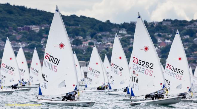 Dun Laoghaire Harbour, Saturday 30th July 2016:<br />
Ireland's Ewan McMahon (left) on his way to winning Silver on the final day the KBC Laser Radial World Championships hosted by the Royal St. George Yacht Club and Dun Laoghaire Harbour.  A total of 350 athletes from 48 nations competed over six days.<br />
Photograph:  David Branigan/Oceansport © David Branigan/Oceansport http://www.oceansport.ie/