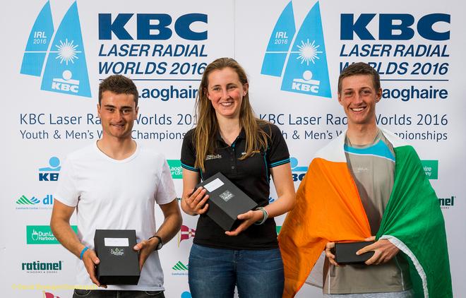 Dun Laoghaire Harbour, Saturday 30th July 2016:<br />
Top Irish sailors Darragh O'Sullivan, Nicole Hemeryck and Ewan McMahon at the prize-giving for the KBC Laser Radial World Championships hosted by the Royal St. George Yacht Club and Dun Laoghaire Harbour.<br />
Photograph:  David Branigan/Oceansport © David Branigan/Oceansport http://www.oceansport.ie/