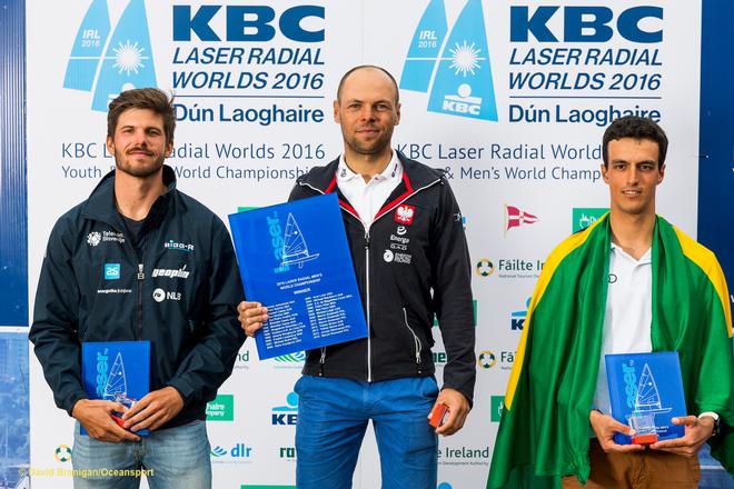 Dun Laoghaire Harbour, Saturday 30th July 2016:<br />
Men's Radial World Champion Marcin Rudawski, Poland (centre) with Nik Pletikos, Slovenia (left) and Martin Manzoli Lowy, Brazil at the prize-giving for the KBC Laser Radial World Championships hosted by the Royal St. George Yacht Club and Dun Laoghaire Harbour.<br />
Photograph:  David Branigan/Oceansport © David Branigan/Oceansport http://www.oceansport.ie/