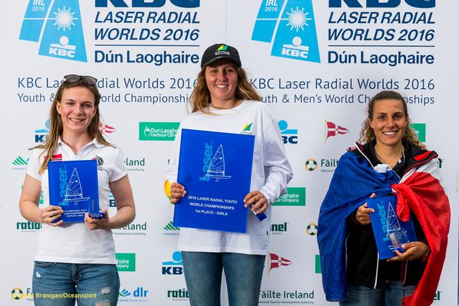 Dun Laoghaire Harbour, Saturday 30th July 2016:<br />
Laser Radial Youth World Champion Zoe Thomson, Australia (centre) with Caroline Rosmo, Norway (left) and Louise Cervera, France (right) at the prize-giving for the KBC Laser Radial World Championships hosted by the Royal St. George Yacht Club and Dun Laoghaire Harbour.<br />
Photograph:  David Branigan/Oceansport © David Branigan/Oceansport http://www.oceansport.ie/
