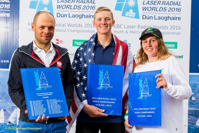 Dun Laoghaire Harbour, Saturday 30th July 2016:<br />
(L/R):  Laser Radial World Champions Marcin Rudawski, Poland (Mens), Henry Marshall, United States (Youth - Boys) and Zoe Thomson, Australia (Youth -Girls) at the prize-giving for the KBC Laser Radial World Championships hosted by the Royal St. George Yacht Club and Dun Laoghaire Harbour.<br />
Photograph:  David Branigan/Oceansport © David Branigan/Oceansport http://www.oceansport.ie/