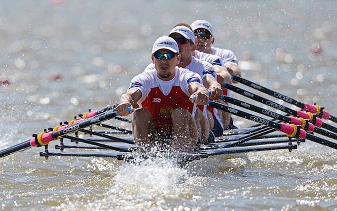 Ralf Hirschberger / AP took this image of (L-R) Sergey Fedorovtsev, Vladislav Ryabcev, Artem Kosov and Nikita Morgachev, in action during the final of the men's quad scull competition at the European Rowing Championships on Lake Beetzsee in Brandenburg, Germany. Note that Croker Oars are an Australian company. © Event Media