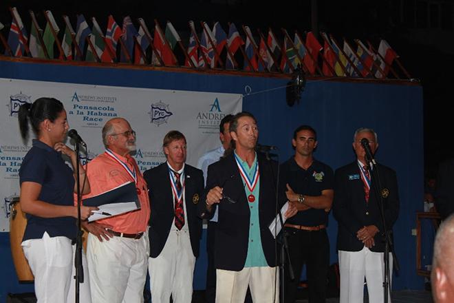 Tom Pace Jr. whose family donated of the Pace Family Memorial Trophy and was a supporting sponsor of the 2015 Andrews Institute Pensacola a La Habana Race speaks at the prize giving ceremony at Marina Hemingway in Cuba. © Pensacola a La Habana Race Photo