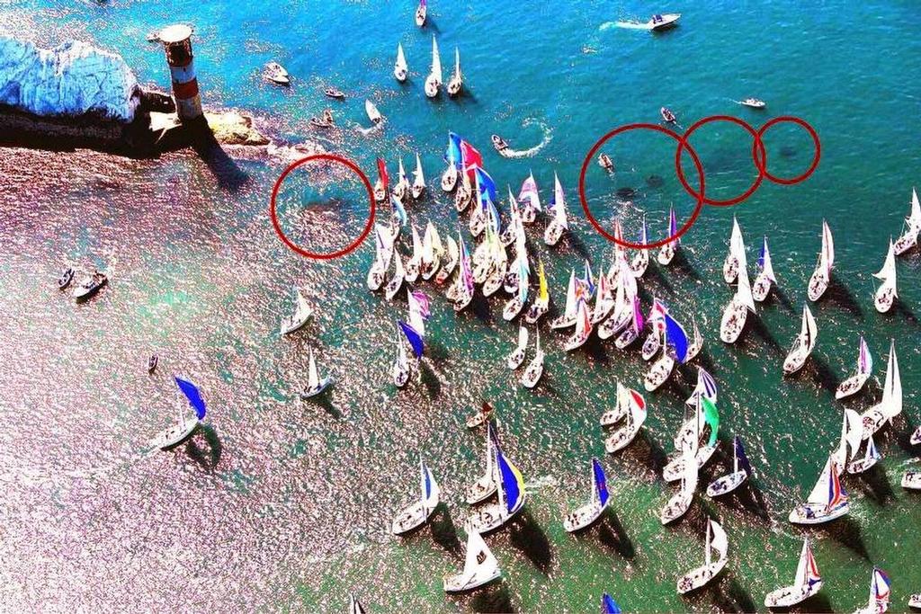 Wrecks off The Needles - Goose Rock Red Circle far left, SS Varsassi Wreck three Red Circles right © SW