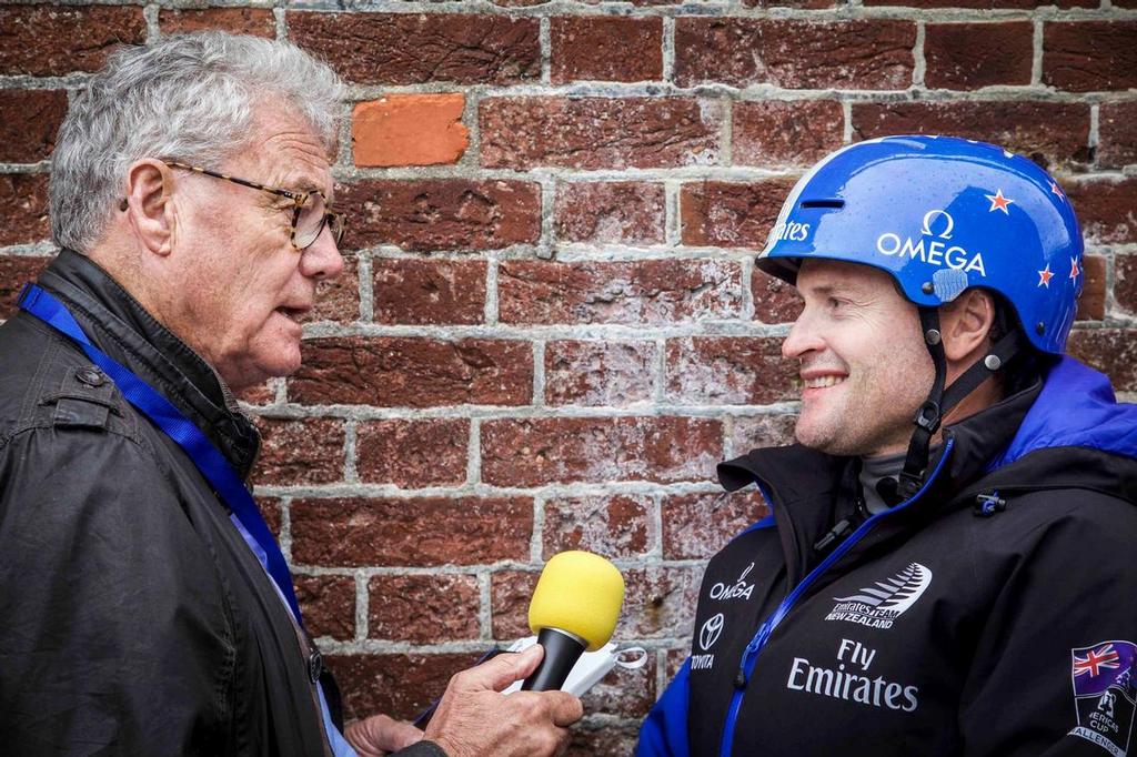 Peter Montgomery interviews Glenn Ashby - Emirates Team NZ - Race Day 2 America's Cup World Series Portsmouth, July 24, 2016 photo copyright Hamish Hooper/Emirates Team NZ http://www.etnzblog.com taken at  and featuring the  class
