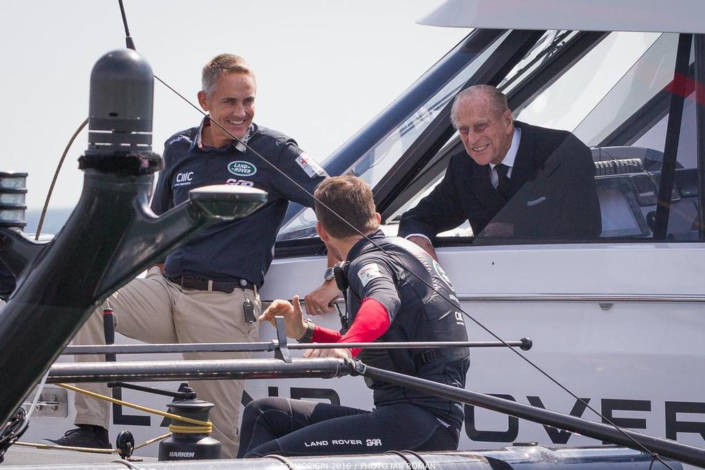 HRH Prince Phillip with Land Rover BAR ahead of the America's Cup World Series Portsmouth - Louis Vuitton America's Cup World Series Portsmouth, July 22-24, 2016 photo copyright  Ian Roman taken at  and featuring the  class