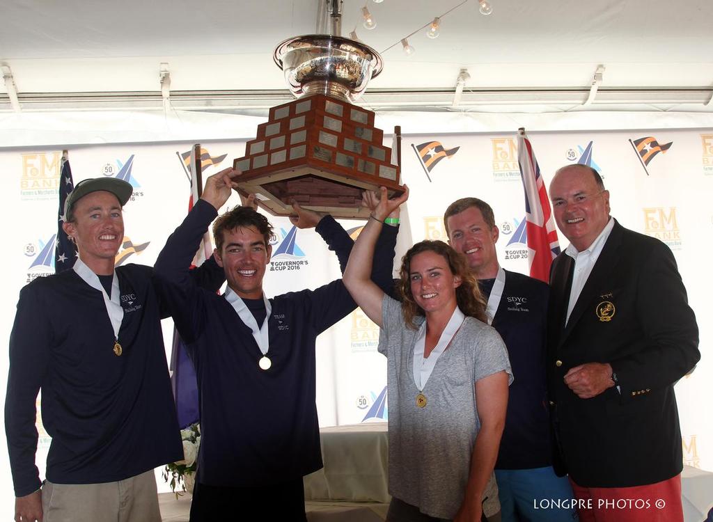 San Diego Team hoists the Gov Cup trophy - Balboa Yacht Club's 50th Governor's Cup photo copyright Mary Longpre taken at  and featuring the  class