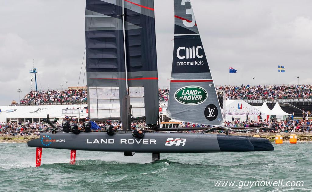 Land Rover BAR showing off to the home crowd. Louis Vuitton America's Cup World Series Portsmouth 2016. photo copyright Guy Nowell http://www.guynowell.com taken at  and featuring the  class