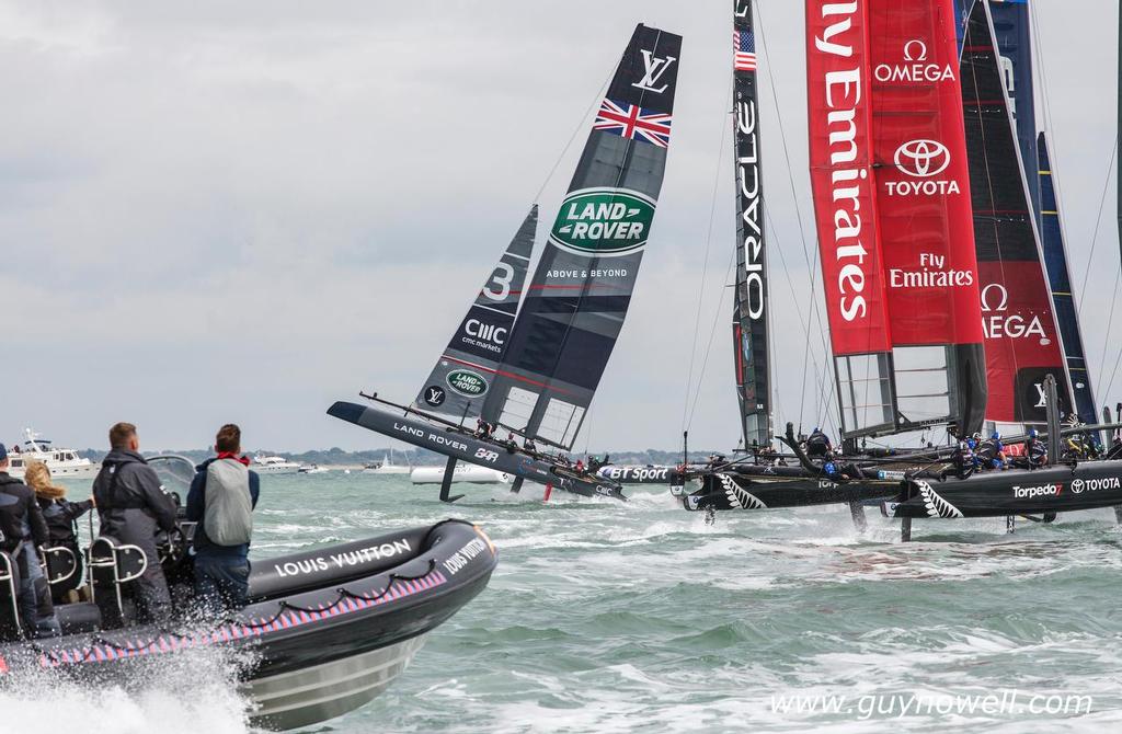 Land Rover BAR pulls a wheelie. Louis Vuitton America's Cup World Series Portsmouth 2016. photo copyright Guy Nowell http://www.guynowell.com taken at  and featuring the  class
