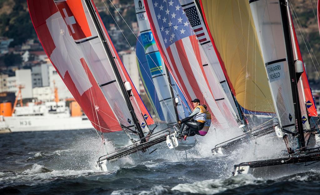 Nacra 17 fleet on day 4 of the Rio 2016 Olympic Sailing Competition © Sailing Energy/World Sailing