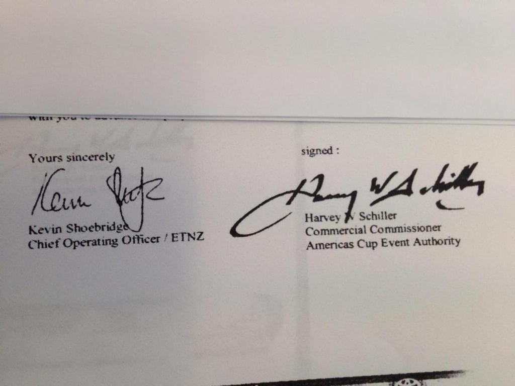 Signatures section of the Agreement claimed to have been signed between Team New Zealand and the America&rsquo;s Cup Events Authority to host the Qualifiers in Auckland photo copyright SW taken at  and featuring the  class